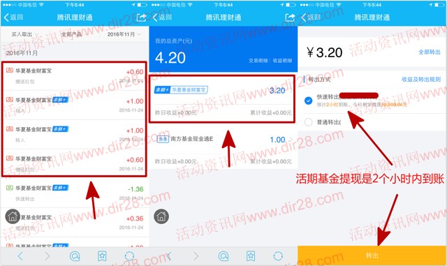 腾讯理财狂欢2个活动100%送1.2-7.2元理财通红包 买入活期可提现