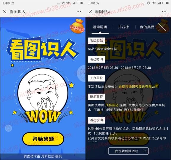 CTR众拍微信看图识人答题抽奖送最少1元微信红包奖励