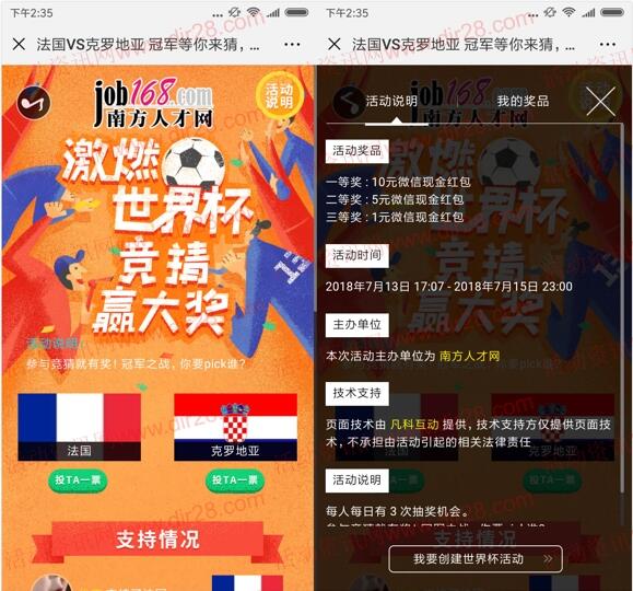 南方人才网激情世界杯竞猜抽奖送1-10元微信红包奖励