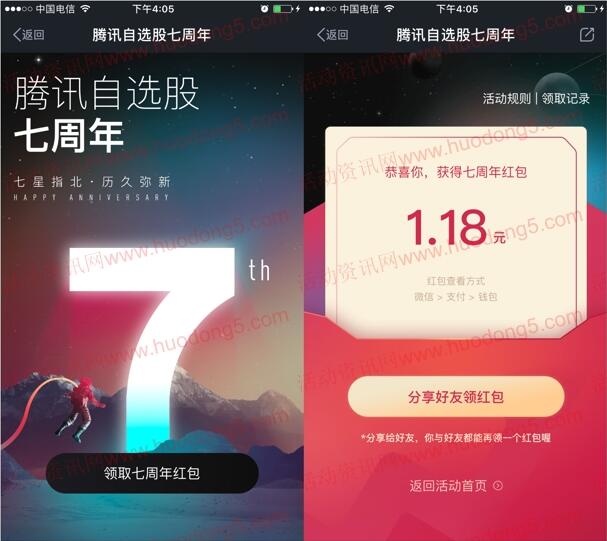 腾讯自选股七周年抽随机微信红包 亲测抽中1.18元红包