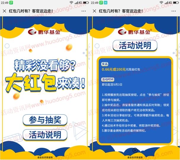鹏华基金看视频抽红包 抽取0.66-100元微信红包奖励