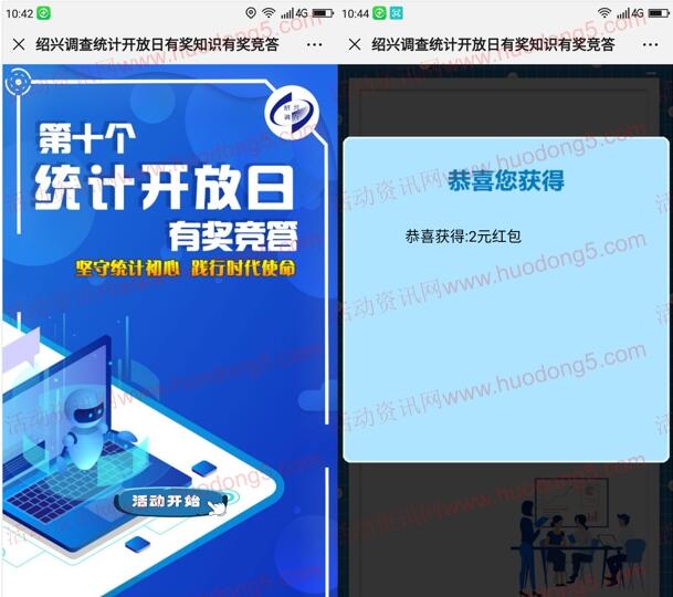 绍兴调查统计开放日答题抽取1-3元微信红包 亲测中2元