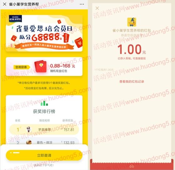 雀小巢学生营养帮邀友注册送0.88-168元微信红包奖励