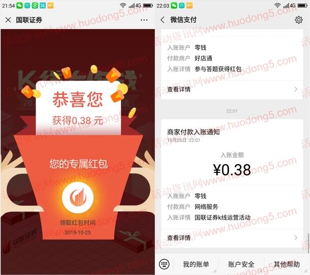 国联证券K线大作战抽取20万元微信红包 亲测中0.38元