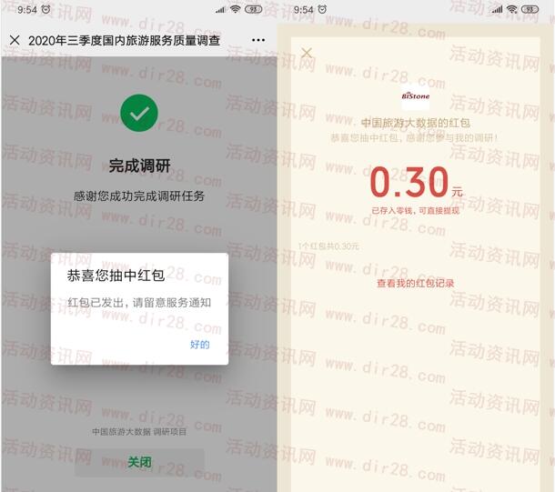 旅游大数据2个调研活动抽1.1万个微信红包 亲测中0.3元