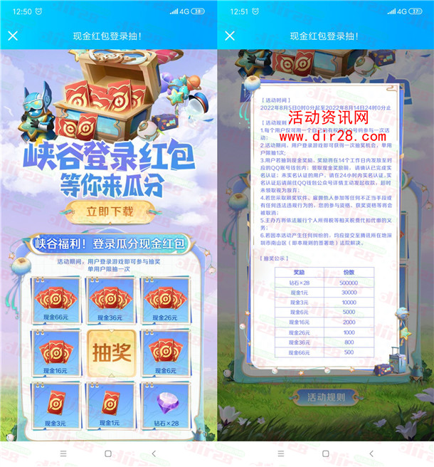 王者荣耀峡谷福利手游登录抽1-66元现金红包 限幸运用户