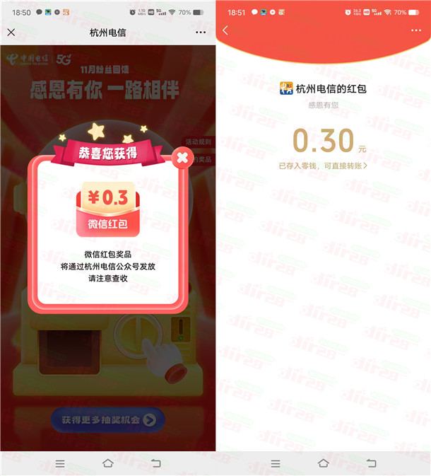 杭州电信11月粉丝回馈抽1.5万个微信红包 亲测中0.3元秒推