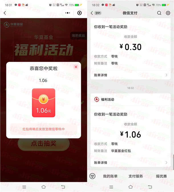 华夏基金老用户小程序抽2.7万个微信红包 亲测中1.06元