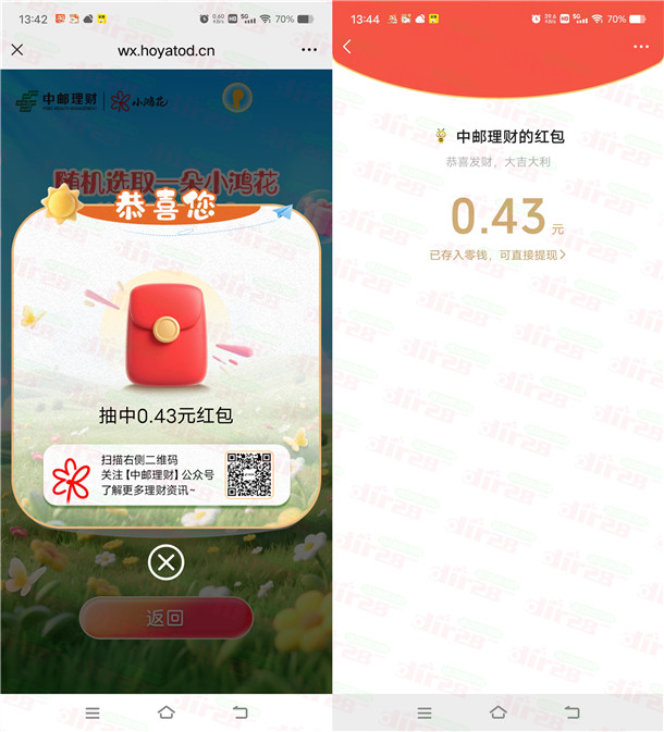 中邮理财种小鸿花抽随机微信红包、京东卡 亲测中0.43元